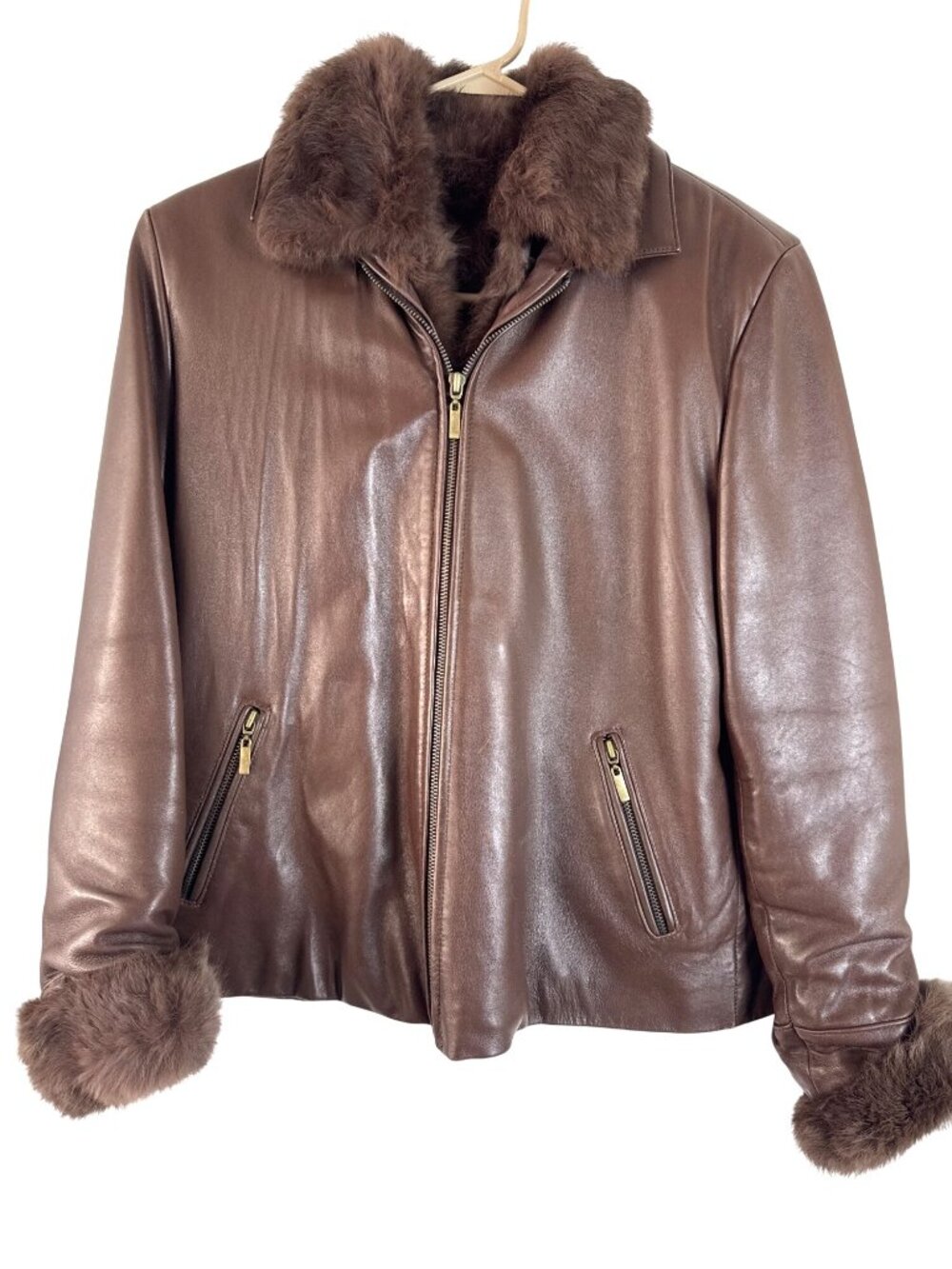 Wilson's Pelle Studio Leather Jacket Rabbit Fur Lining Brown Sz Medium Women's